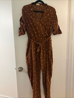 Polka Dot Brown Wrap Jumpsuit with Tie Waist